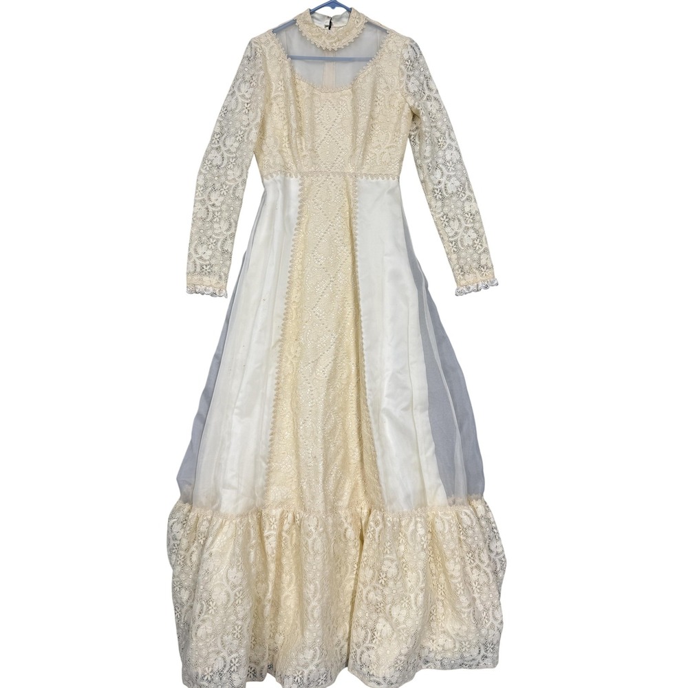 Vintage Lace Wedding Dress Womens Small White High Neck‎ Long Sleeve Veil Gown